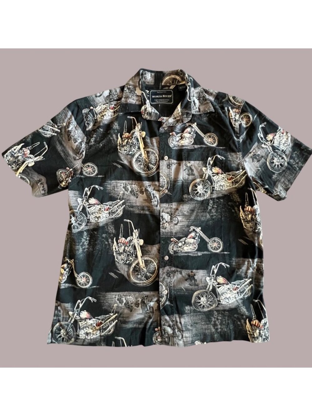 North River Mens Black Button-Up Short-Sleeve Cotton Shirt With Motorcycle Print